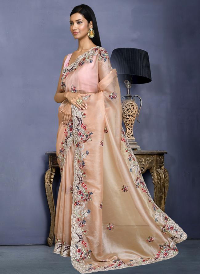 Net Organza Silk Peach Party Wear Embroidery Work Saree